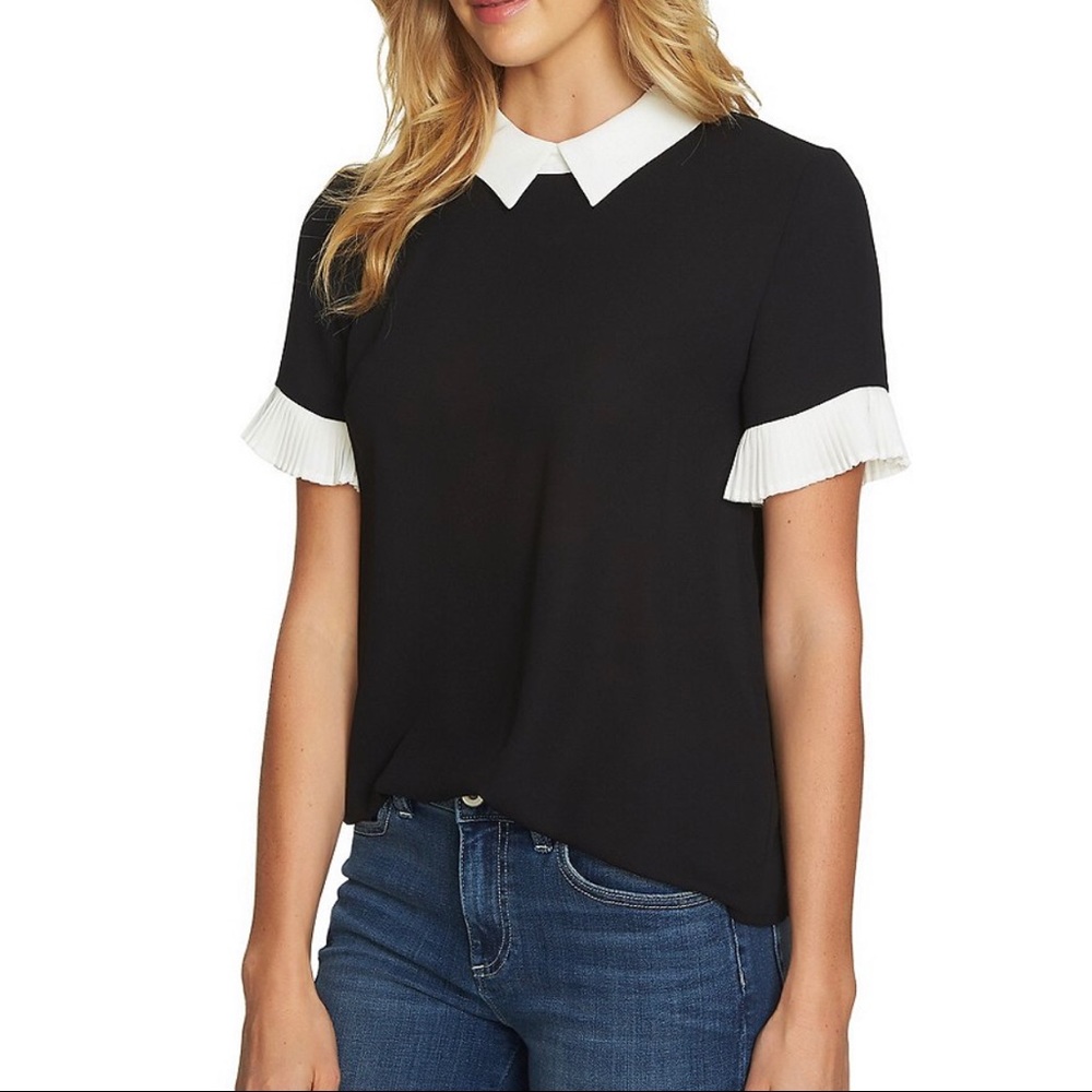 CeCe Black Pleat Sleeve Colorblocked Blouse Top
